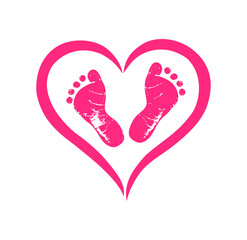 Pink vector baby footprints silhouette print design. Footsteps in outline heart frame shape. Baby shower decor. New born sign icon. It's a girl. Abstract love symbol. Vinyl wall sticker decal. 