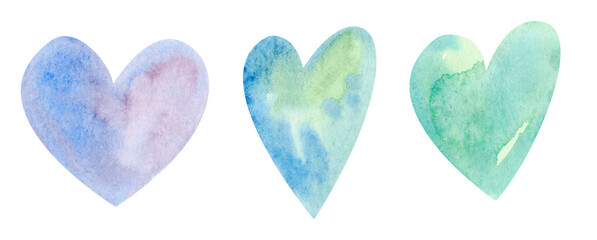 Watercolor illustration. Valentine's Day. Purple, green, blue heart. Isolated on white background.