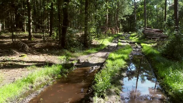 Low altitude aerial footage of muddy tracks located at forest parcour for off-roading vehicles corner to right path flooded with water creating drag for offroad cars hood view 4k high resolution