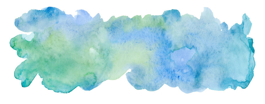 Watercolor colored water stains. Blue, green, turquoise spots. Isolated on white background