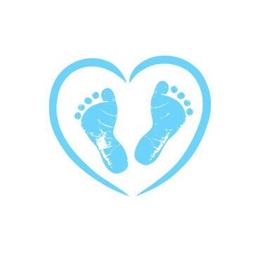Blue vector baby footprints silhouette print design. Footsteps in outline heart frame shape. Baby shower decor. New born sign icon. It's a boy, girl. Abstract love symbol. Vinyl wall sticker decal.