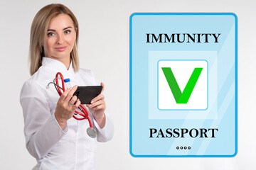 Immune passports concept for covid-19 patients . Need for immune passport coronavirus for travel. Document confirming immunity to covid-19. Immune passport next to doctor portrait looks at camera