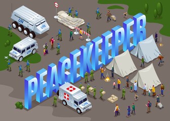 Peacekeepers Blue Helmets United Nations and isometric word  Peacekeeper isometric icons on isolated background