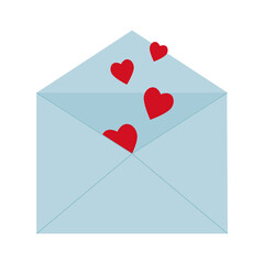 Open blue envelope with flying hearts, color vector illustration for wedding and Valentine's Day, icon, decor, design, scrapbooking