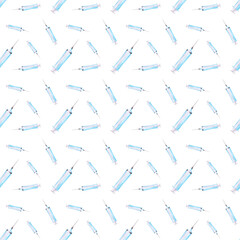 The watercolor medical seamless pattern on a white background. Hand-drawn syringe endless print. Cute nurse backdrop. Hospital wallpaper.