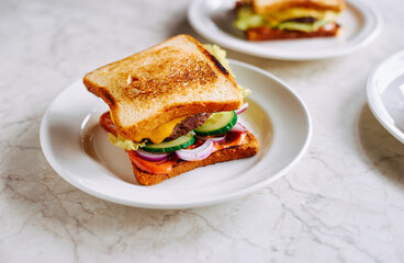 Homemade grilled sandwich with vegetables, sauce, cheese and beef cutlet in a plate