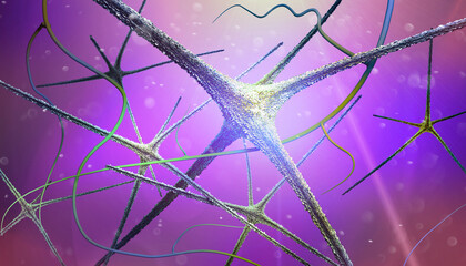 Microscopic view of the synapses. Brain connections. Neurons and synapses. Communication and cerebral stimulus. Neural network circuit, degenerative diseases, Parkinson, Alzheimer. 3d render