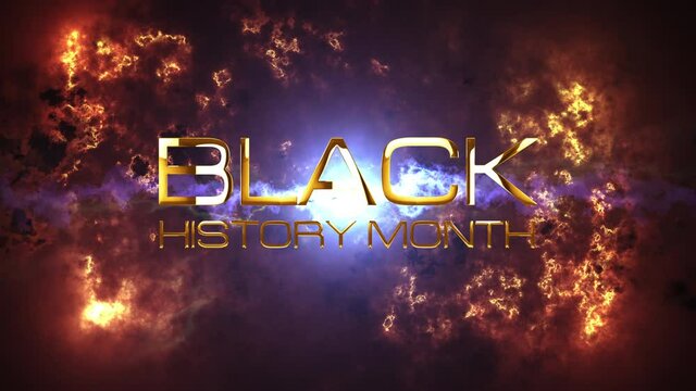 Black History Month 3D Cinematic abstract Background. 4K 3D rendering seamless loop with golden Black History Month text with dramatic light and cloud for opening title trailer wallpaper intro text.