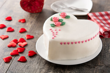 Heart cake for St. Valentine's Day, Mother's Day, or Birthday, decorated with roses and pink sugar hearts