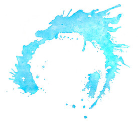 Abstract watercolor splashes and spatters isolated on white background. Blue pouring hand drawn...