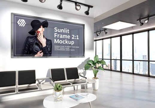Panoramic Frame Hanging on Office Waiting Room Wall Mockup