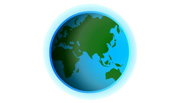 Rotating world. Blue green earth rotates. Formation of the day and night. Repeating loop flat animation. Atmosphere of the glowing globe. Blank white background. School video. 2d motion graphic film