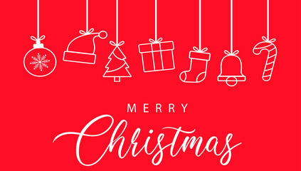 Merry Christmas greeting card, frame, banner, icon. Christmas gift, and red text present on white background top view . Happy New Year