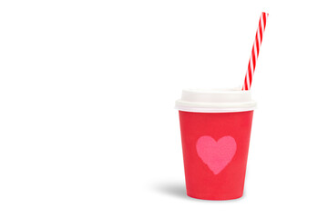 Red paper cup with a picture of a heart and a red straw on a white background copy space.
