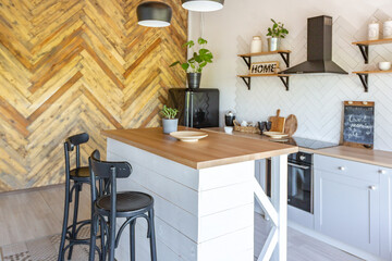 stylish kitchen interior design. white walls and wooden decoration. beautiful hammock and high windows.