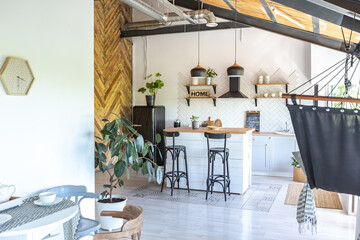 stylish kitchen interior design. white walls and wooden decoration. beautiful hammock and high windows.