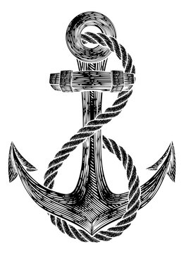 An anchor from a boat or ship with a rope wrapped around it tattoo or retro style woodcut etching drawing in a vintage style