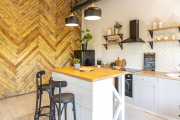 stylish kitchen interior design. white walls and wooden decoration. beautiful hammock and high windows.