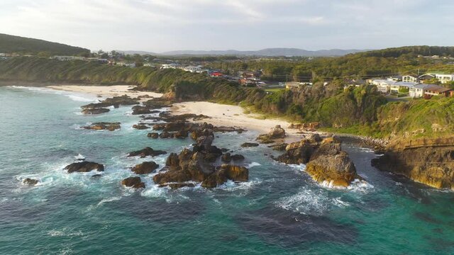 Forster coastal town New South Wales Australia, aerial view of waves and beach