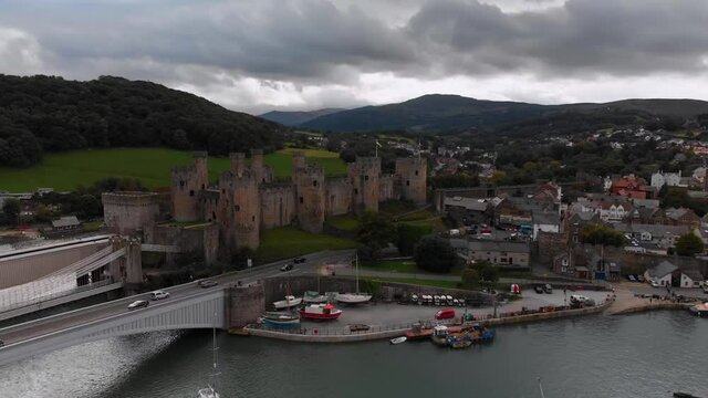 A parallax drone shot of conwy castle