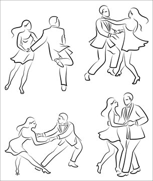Collection. Beautiful young couple. The girl and the guy are dancing. Creative art. Graphic image. Vector illustration set.