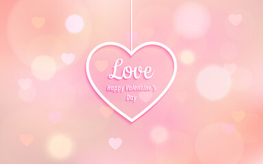 Happy valentine's day in hanging heart shape with bokeh and light effect on pink color background