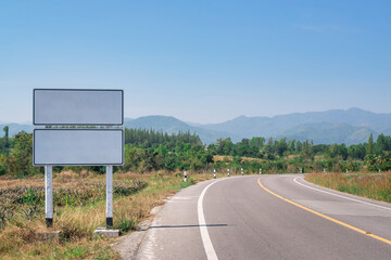 Blank road signboards at empty Thailand Outback highway. No traffic, lockdown outbreak of covid-19 virus in Thailand.