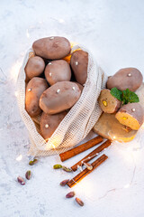 Traditional Russian dessert, potato cake with chocolate and truffle