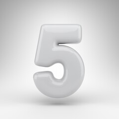 Number 5 on white background. White plastic 3D rendered number with glossy surface.