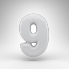 Number 9 on white background. White plastic 3D rendered number with glossy surface.