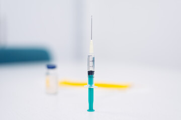 Covid-19 Corona Virus 2019-ncov vaccine vials medicine drug bottles syringe injection. Vaccination,...