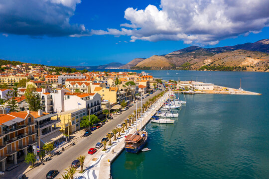 Fototapeta Aerial drone view of Argostoli (Argostolion), famous city and capital of Cefalonia (Kefalonia) island, Ionian islands, Greece. Argostoli town, former municipality on the island of Kefalonia, Greece.
