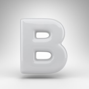 Letter B uppercase on white background. White plastic 3D rendered font with glossy surface.