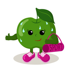 Cute apple athlete with sneakers and sports bag. Colorful smiling kawaii fruit. Isolated vector illustration.	