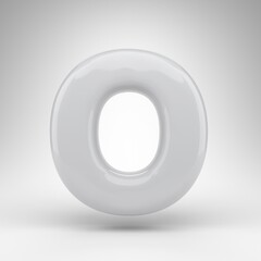 Letter O uppercase on white background. White plastic 3D rendered font with glossy surface.