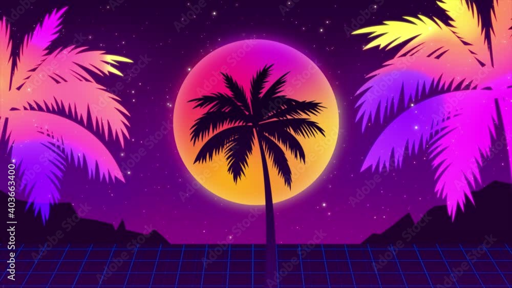 Poster synthwave wireframe net. sunset above the horizon. 80s style, retro futurism background. vhs intro. 