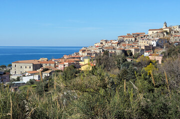 Fototapeta premium Scalea, district of Cosenza, Calabria, Italy, view of the historic center of the village, in the background the Tyrrhenian Sea