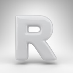 Letter R uppercase on white background. White plastic 3D rendered font with glossy surface.