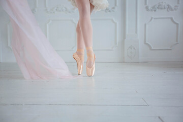 Legs of beauty ballerina standing in pink pointe shoes. Close-up