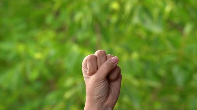 Closeup view 4k video of beautiful female hand showing two fingers as sign of peace or victory. Woman counting from 1 to 2 outdoors on green blurry natural bokeh background. Victory gesture concept.