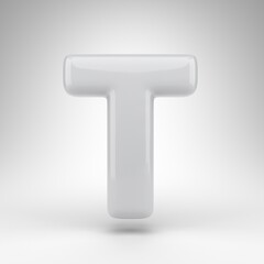 Letter T uppercase on white background. White plastic 3D rendered font with glossy surface.