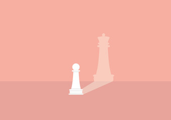 Vector illustration of a white pawn and the shadow of the queen on the wall. The pawn dreams of becoming a queen - obrazy, fototapety, plakaty