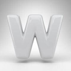 Letter W uppercase on white background. White plastic 3D rendered font with glossy surface.