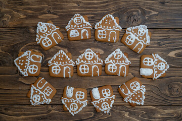 Christmas cookies handmade gingerbread house, decorated with powdered sugar