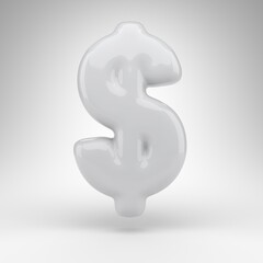 Dollar symbol on white background. White plastic 3D rendered sign with glossy surface.