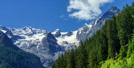 Mountain landscape along the road to Stelvio pass at summer