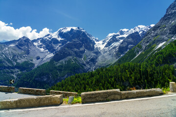 Mountain landscape along the road to Stelvio pass at summer