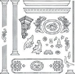 Collection of decorative elements of stucco. Illustration of stucco decoration, cartouche. Vector vintage menu design elements. Hand-drawn. Cliparts
