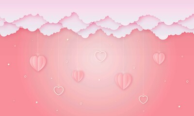 paper cut love and happy valentine's day concept. cloud and heart shape origami mobile on pink sky background paper art style. vector illustration. 