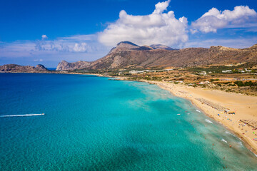 Aerial shot of beautiful turquoise beach Falasarna (Falassarna) in Crete, Greece. View of famous...